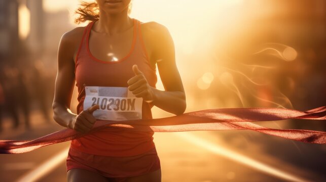 An athlete, woman, runner, arrives at a finish line. Concepts of success, win, and achievement. Generative AI