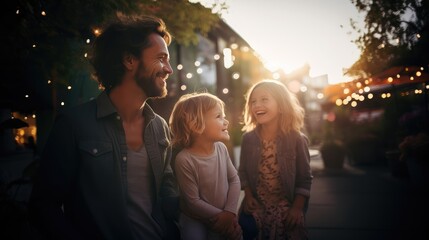 A happy father with his two little daughters smile and laugh together happily. Family, parenting, relationship, bond, love, and good moment. Generative AI