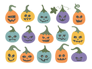 Set of cute Halloween pumpkin candles. Bright carving ghost faces for party, event, card, banner, invitation