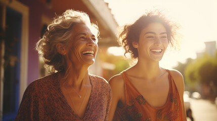 A happy old mother with her daughter smile and laugh together happily. Family, parenting, relationship, bond, love, and good moment. Generative AI