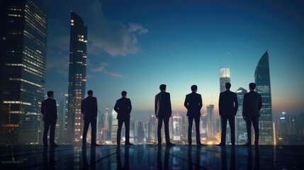 A team of businessmen and women with confidence on skyscraper background. Teamwork, project, and success. Generative AI