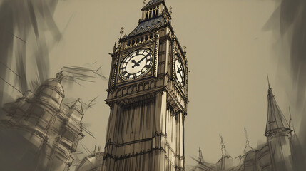 Big Ben, the Palace of Westminster in London, UK, Drawing, Sketch
