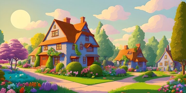 Village game background, fairy town generative ai illustration