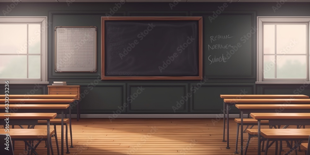 Poster blackboard in empty classroom, generative ai image of blank chalkboard