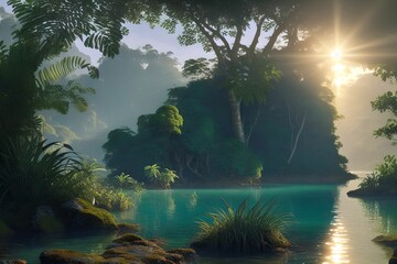 wallpaper, a wide, sparkling blue lake with rocky islet, in a lush jungle. generative ai