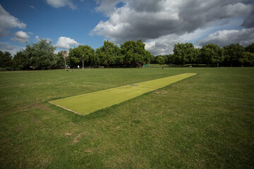 Cricket pitch with green grass trees blue sky and clouds 