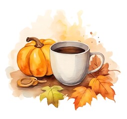 Pumpkin latte watercolor, generative ai autumn illustration