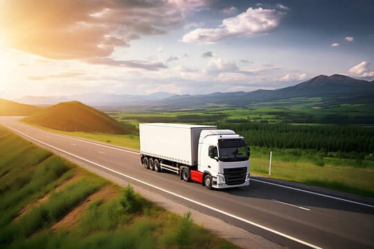 White truck driving on the highway turning towards the horizon in an autumn landscape with sun shining through the clouds in the sky and transport truck on road concept.