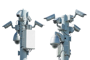 Many surveillance cameras, surveillance system CCTV on high pole isolated on white background. Public place safety concepts. - obrazy, fototapety, plakaty