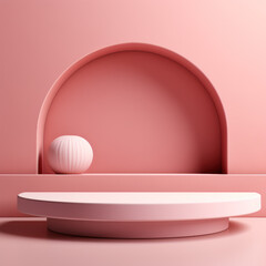 Minimalistic podium for presenting your product or cosmetics, round podium and arch in pink colors, generative ai