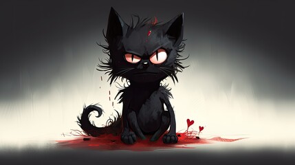 Sweet evil. Fairytale black cat character. Mystical cat with red eyes on a black background. The cat is the embodiment of the devil. Scary cat with red eyes. The cat is the devil.