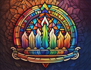 Obraz premium Graphic representation of a Hanukkah menorah emblem with colored stained glass, appropriate for Jewish holiday Hanukkah greeting cards. Created with generative AI tools