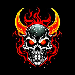Burning in flame human demonic skull with horns with background
