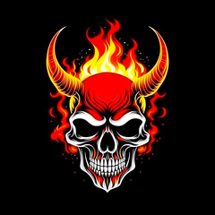 Burning in flame human demonic skull with horns with background
