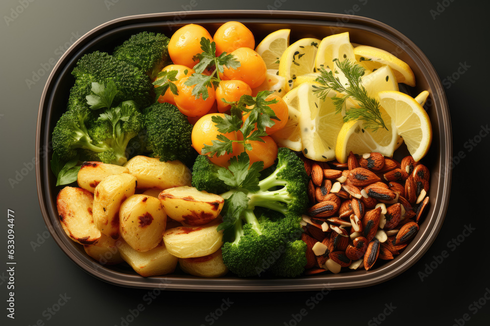 Poster tasty food presented in a container on a beige background, captured from a top view. space available
