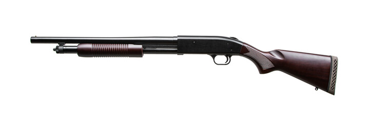 Pump-action 12 gauge shotgun isolated on a white back. A smooth-bore weapon with a wooden stock.