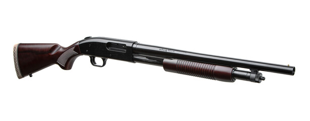 Pump-action 12 gauge shotgun isolated on a white back. A smooth-bore weapon with a wooden stock.
