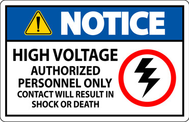 Fototapeta premium Notice Sign High Voltage, Authorized Personnel Only, Contact Will Result In Shock Or Death