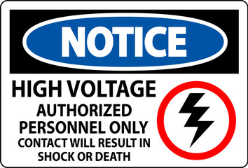Notice Sign High Voltage, Authorized Personnel Only, Contact Will Result In Shock Or Death