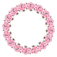 Wreath with pink flowers, leaves and branches in vintage watercolor style. Vector circle frame