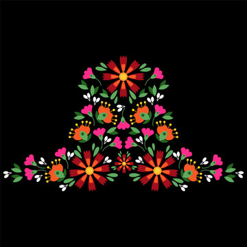 Floral Mexican symmetrical embroidery on a black background