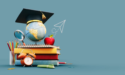 Globe with graduation hat and school accessory on blue background with copy space. 3D Rendering, 3D Illustration - obrazy, fototapety, plakaty