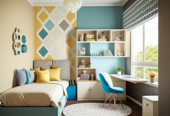 The interior of a stylish children's room in bright contrasting colors. AI generated