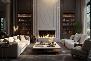 The living room interior is elegantly designed, featuring an electric fireplace, cozy sofas, and exquisite decorative elements.