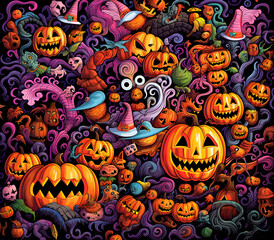 Halloween Pumpkin Themed Doodle Art, Ai Generated