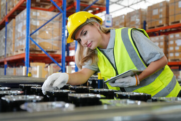 Warehouse Industrial supply chain and Logistics Companies inside. Warehouse workers checking the inventory. Products on inventory shelves storage. Worker Doing Inventory in Warehouse.