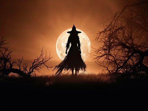 Halloween witch in front of a full moon