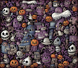 Spooky Halloween Doodle Art Illustration, Ai Art