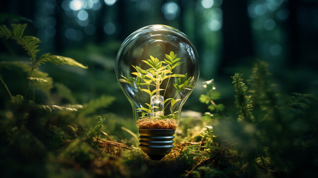 Gl&uuml;hbirne im Wald / Forst mit Pflanzen und Str&auml;uchern. Natur und B&auml;ume im Hintergrund. Gr&uuml;ne Energie. Querformat. Nachhaltige Energie. Generative Ai.