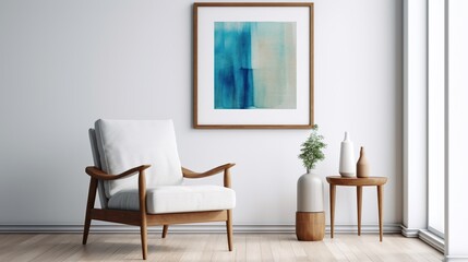 Armchair near modern wooden coffee table. Interior design of scandinavian living room with mockup frames. 