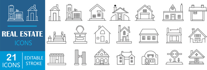 Fototapeta na wymiar Real estate outline icons set. Set of real estate line icons. Contains home, property, rental, home loan, mortgage, building, renovation, and house sale. Vector illustration