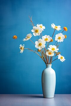 Field flowers in vase over blue wall background, interior design with copy space.