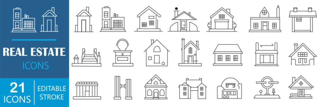 Real estate outline icons set. Set of real estate line icons. Contains home, property, rental, home loan, mortgage, building, renovation, and house sale. Vector illustration