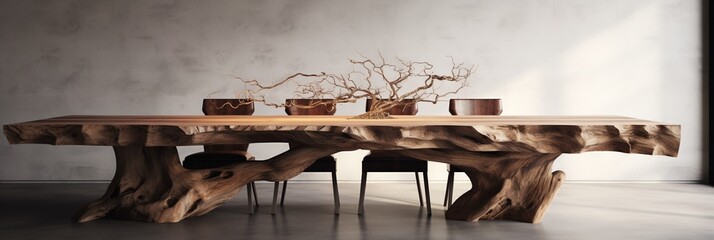 Large rustic dinning table made of wooden slab in modern kitchen room, minimal interior design background, extra wide