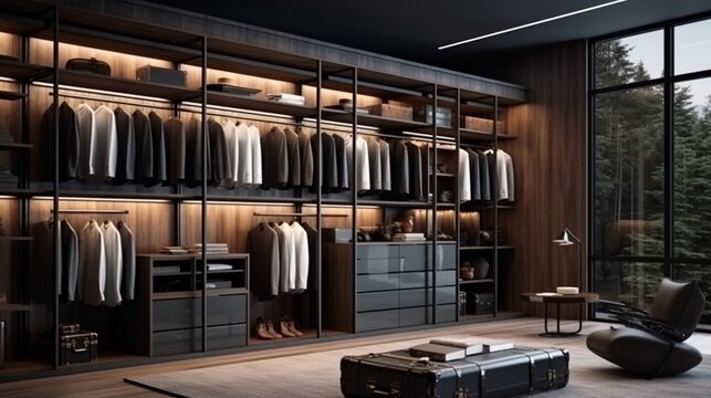 Modern dark wooden walk in wardrobe with clothes hanging on rail, 3d walk in closet interior design.