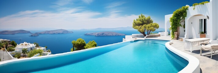 Traditional mediterranean white house with pool on hill with stunning sea view. Summer vacation background. extra wide.