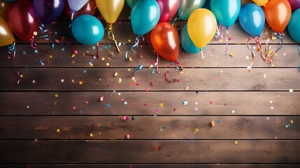 Colorful carnival or party frame of balloons, streamers and confetti on rustic wooden board, with copy space.