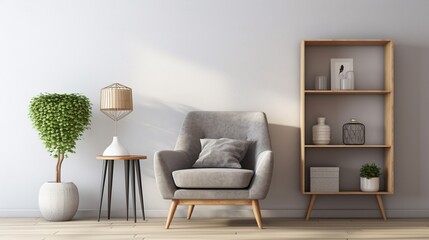 Wooden shelf unit and armchair modern style interior design, empty space background.