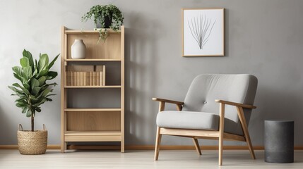 Wooden shelf unit and armchair modern style interior design, empty space background.