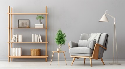 Wooden shelf unit and armchair modern style interior design, empty space background.