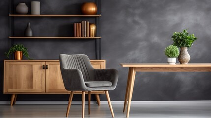 Wooden shelf unit and armchair modern style interior design, empty space background.