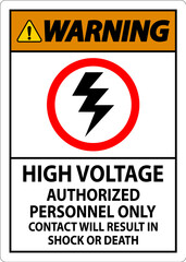 Warning Sign High Voltage, Authorized Personnel Only, Contact Will Result In Shock Or Death