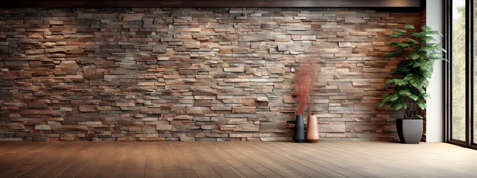 Empty wild stone cladding wall background, rustic interior design.