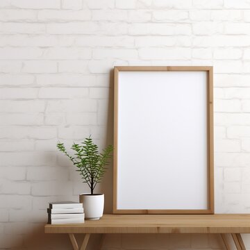 Vertical wooden frame mock up. Wooden frame poster on wooden floor with white wall. 