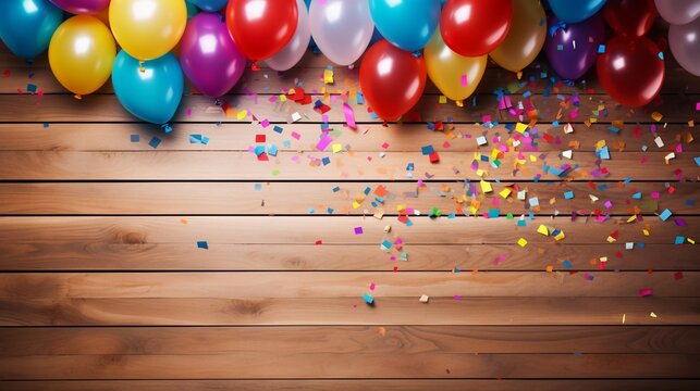 Colorful carnival or party frame of balloons, streamers and confetti on rustic wooden board, with copy space.
