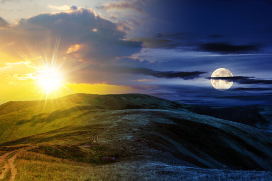 mountain landscape with sun and moon at twilight. travers path through hill side to the mountain top. day and night time change concept. mysterious countryside scenery in morning light
